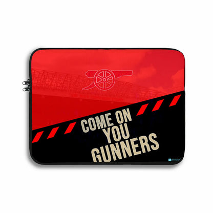 Laptop sleeve with Arsenal FC logo and 'Come on You Gunners' text on a red and black background