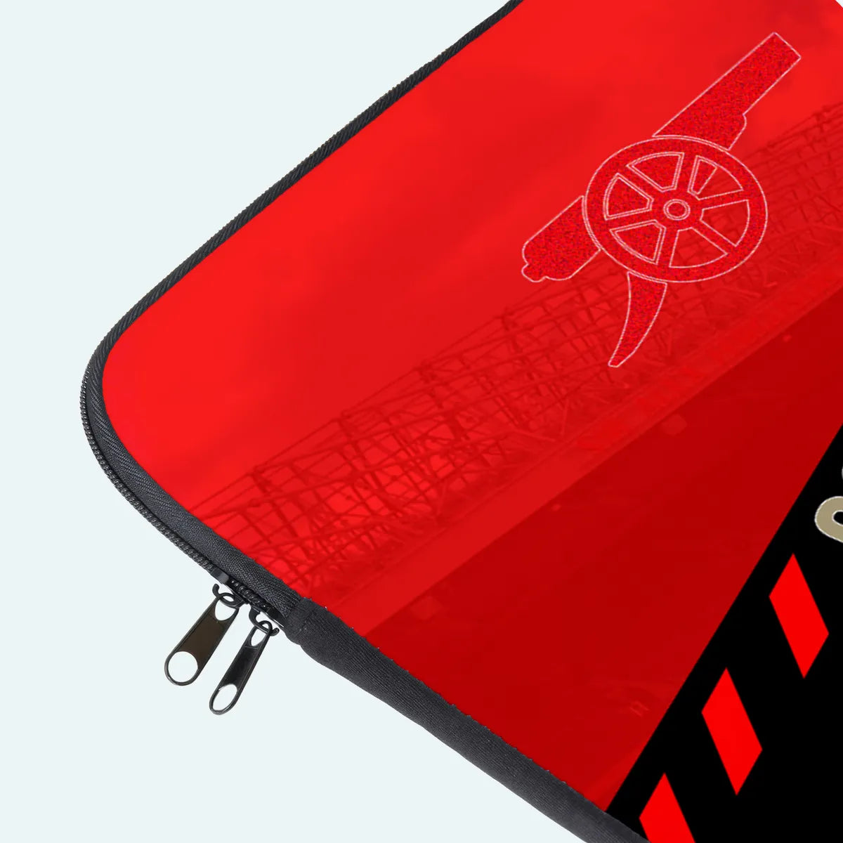 Red pouch with a logo on a light gray background