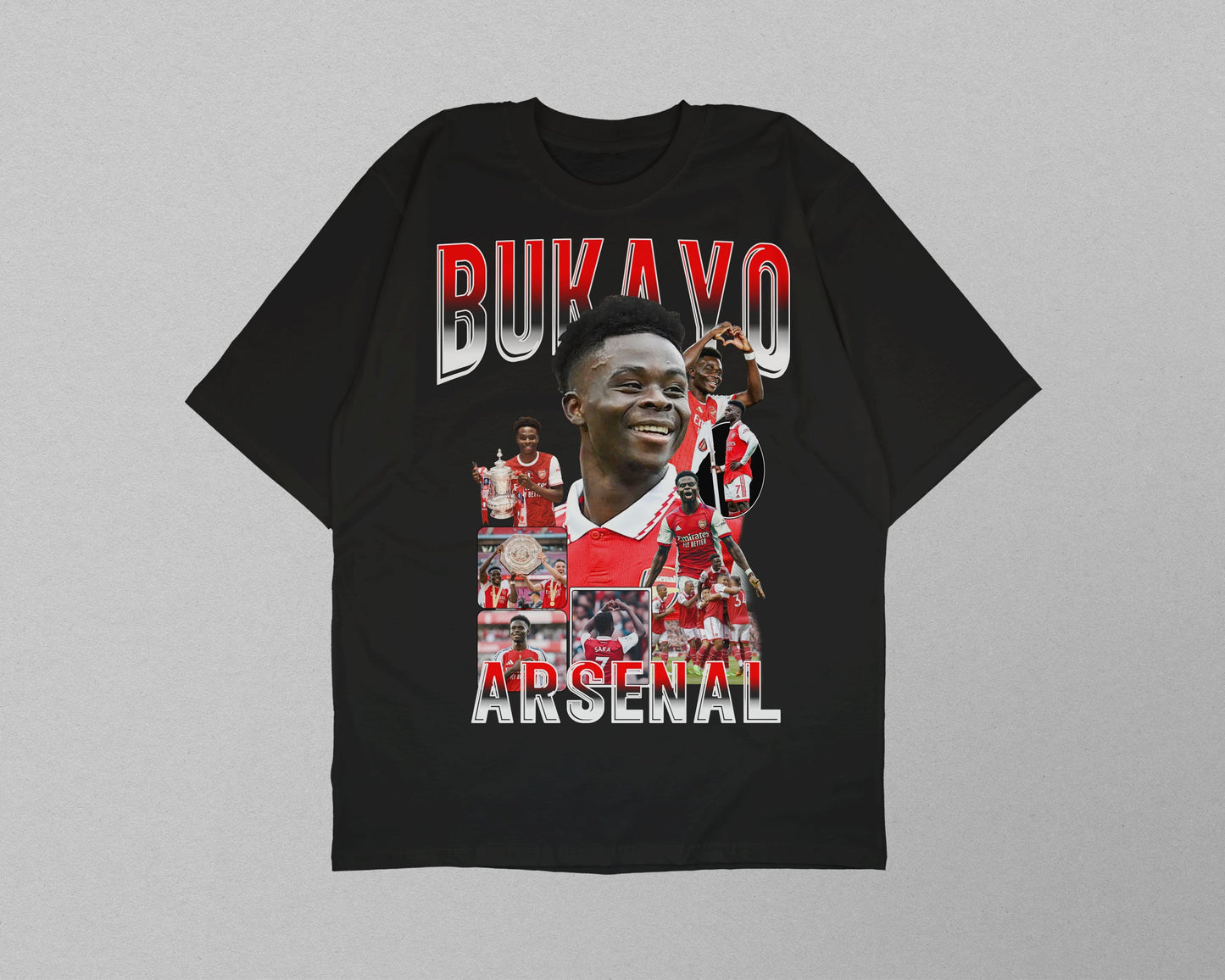 Black t-shirt with Arsenal player graphic and text on a gray background