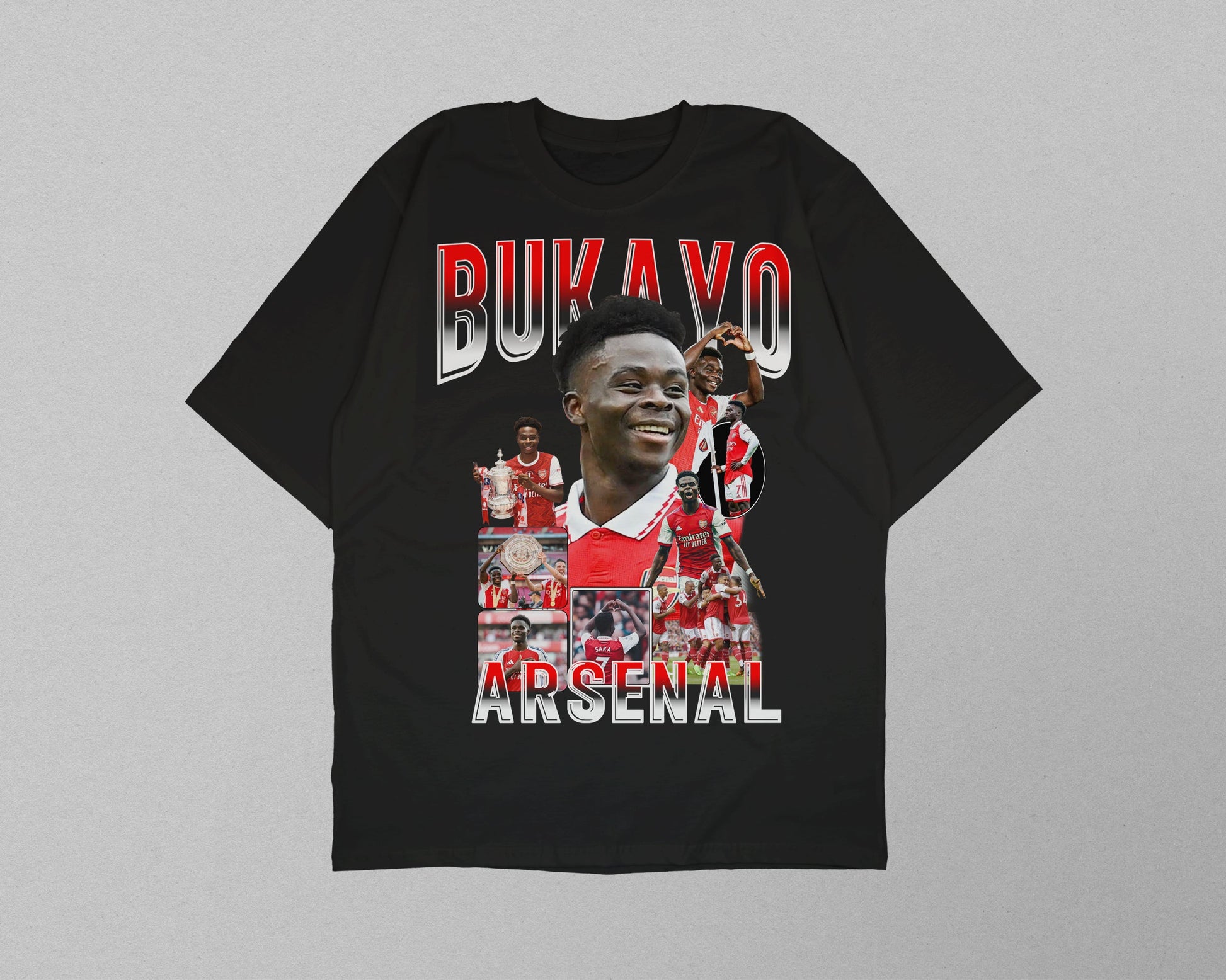 Black t-shirt with Arsenal player graphic and text on a gray background