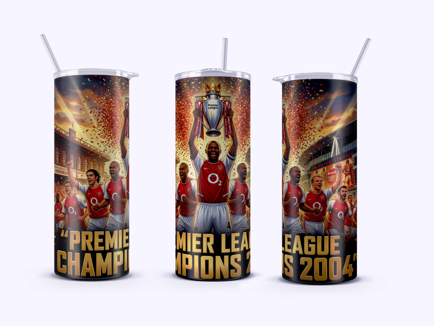 Three tumblers with sports-themed design featuring a player holding a trophy and text 'Premier League Champions 2004'.
