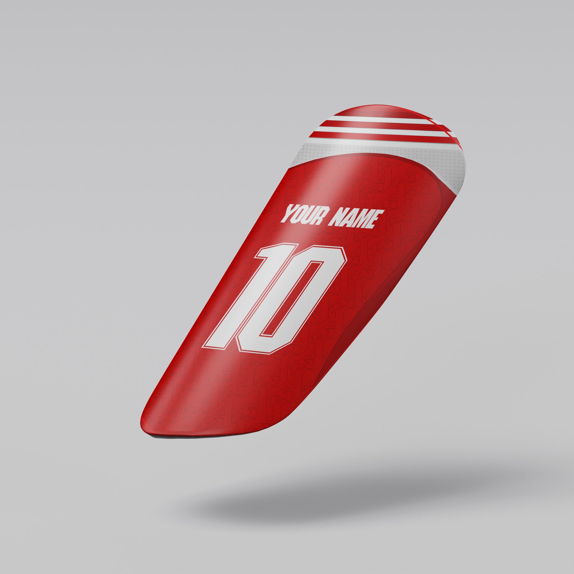 Red and white motorcycle seat with customizable text on a gray background