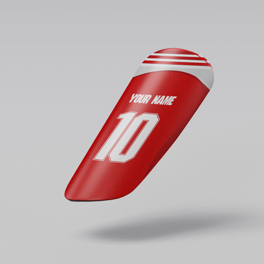 Red and white motorcycle seat with customizable text on a gray background