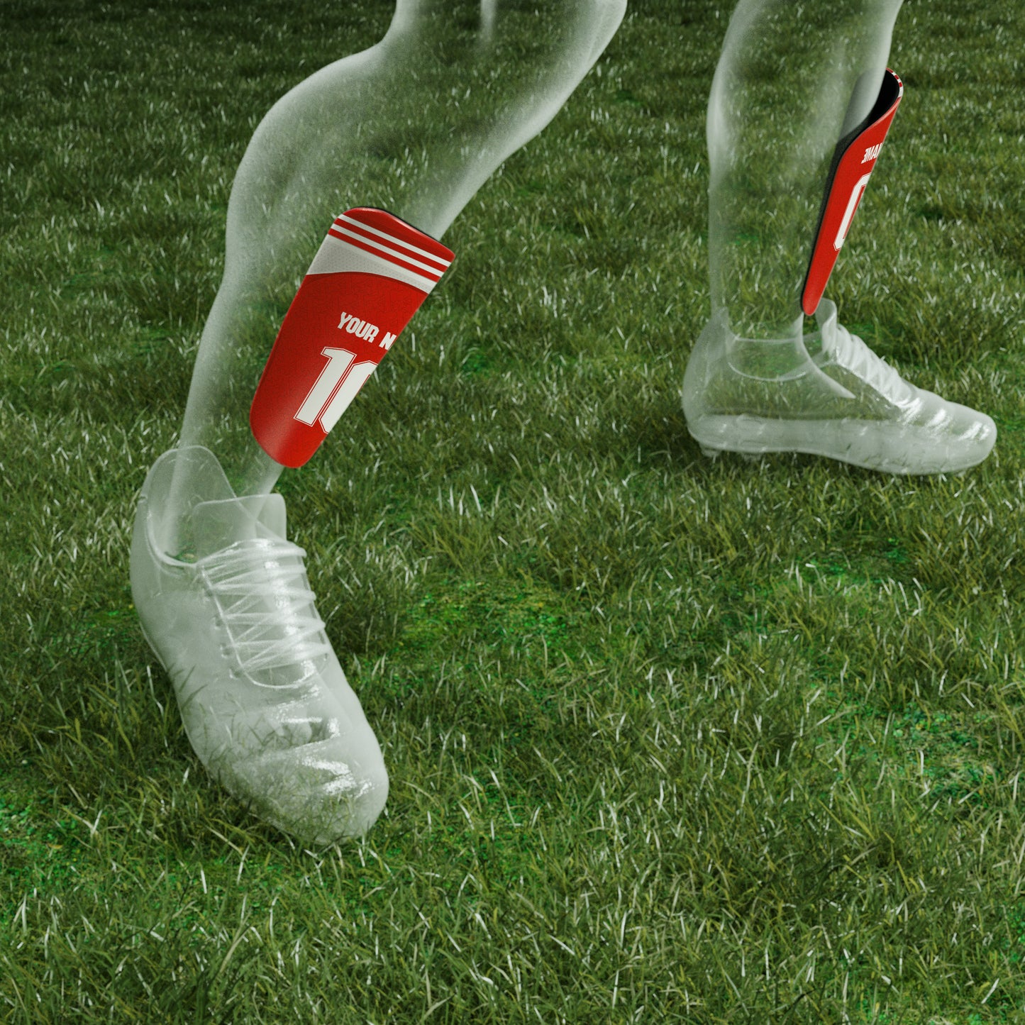 Clear rain boots with red and white covers on grass