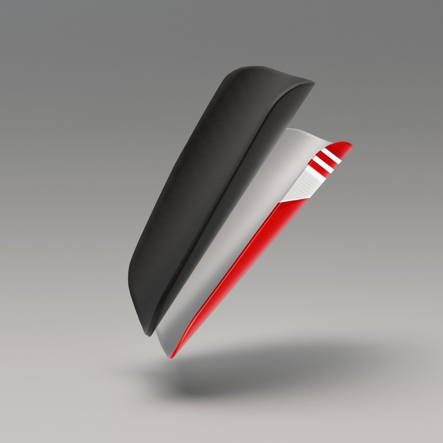 Car spoiler with black, gray, and red design on a gradient background