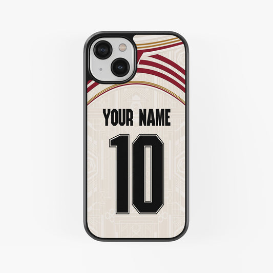 Phone case with customizable text on a white background
