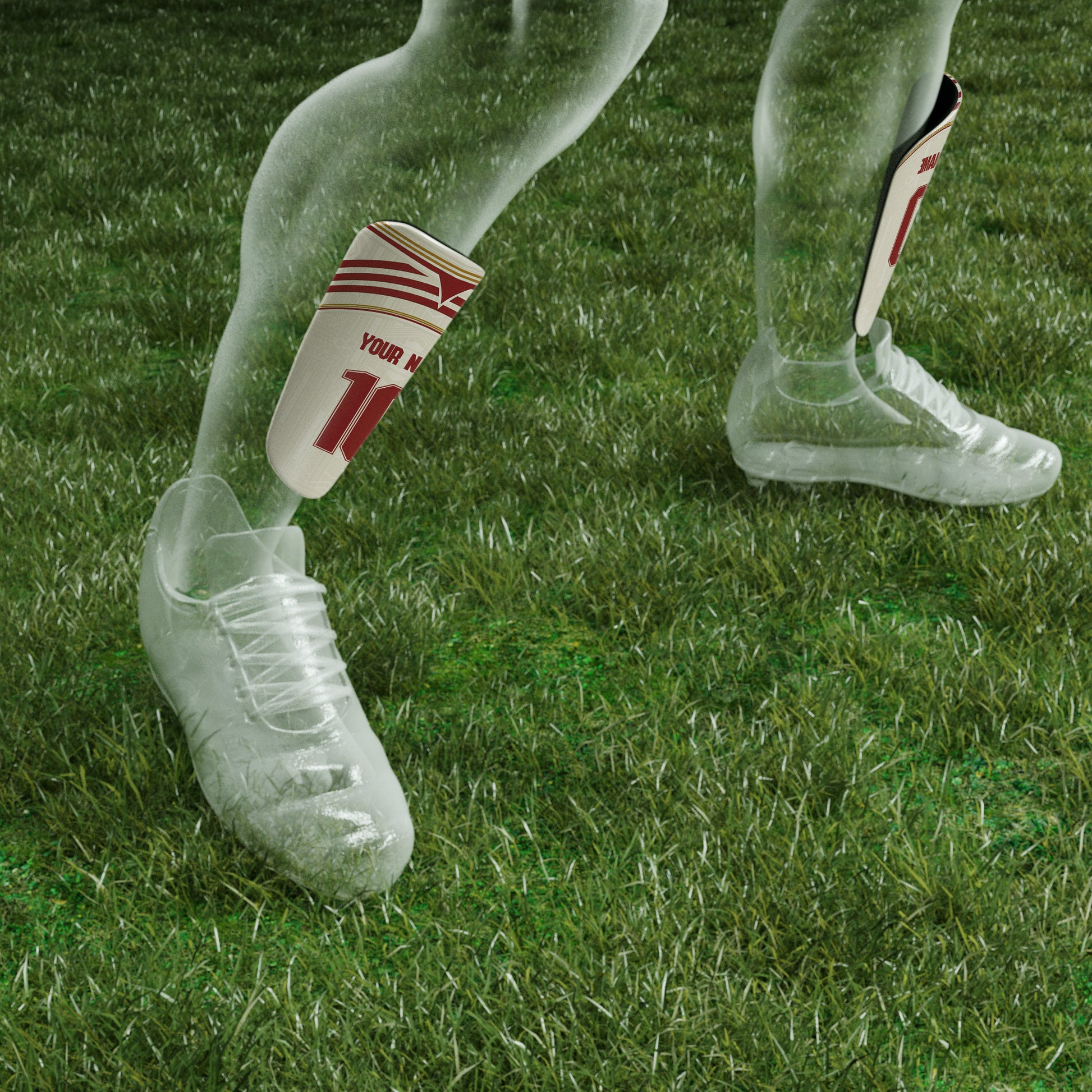 Clear plastic shoes with red and white socks on a grassy field