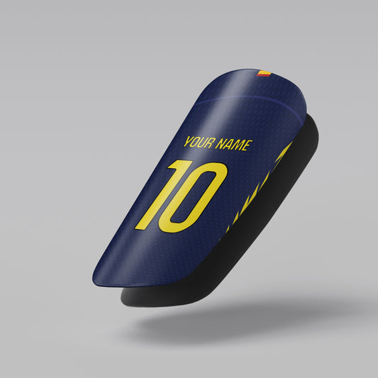 Blue and yellow sports equipment with customizable text on a gray background
