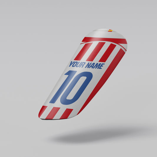 Soccer cleat with red and white stripes and blue number 10 on a gray background