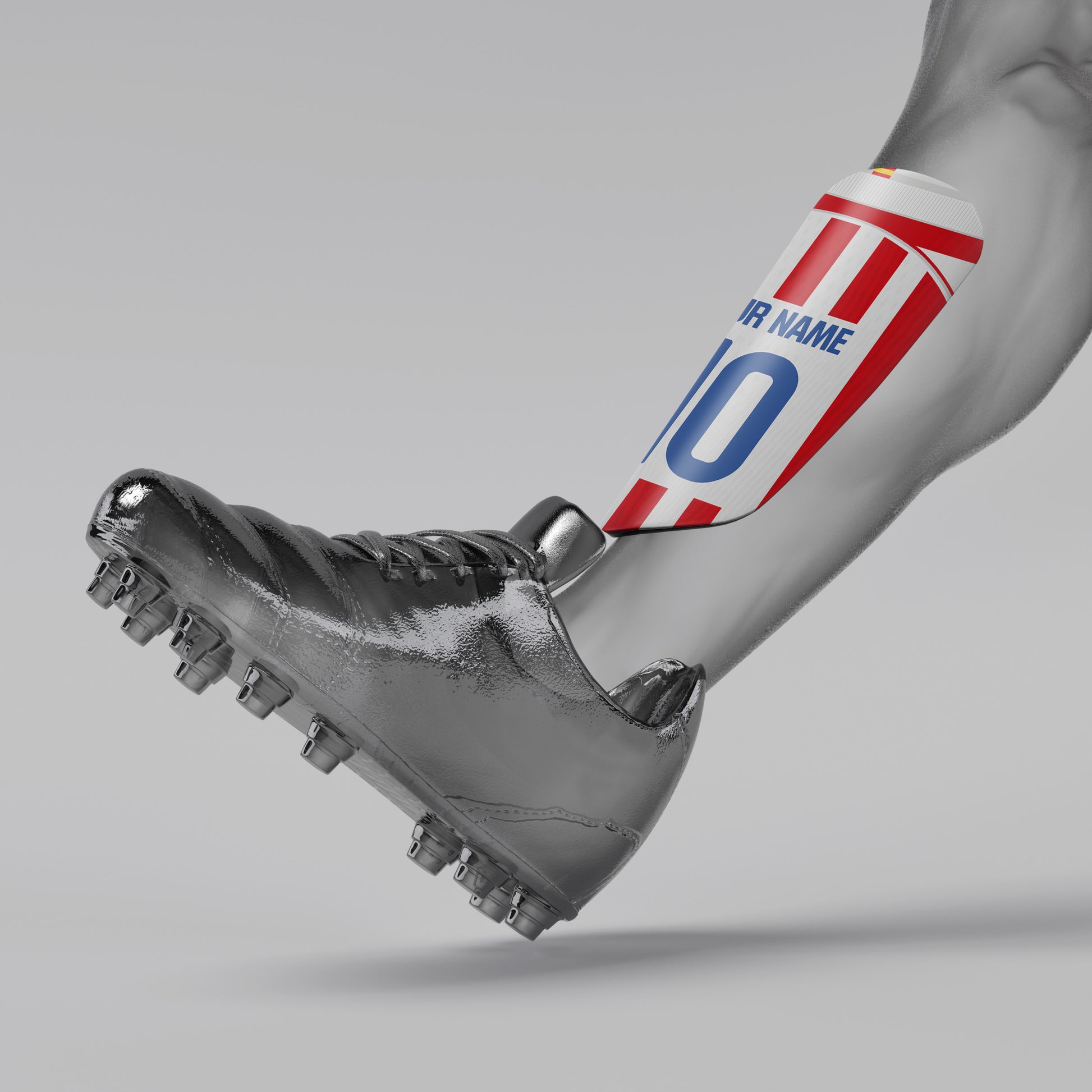 Silver football boot with cleats on a gray background