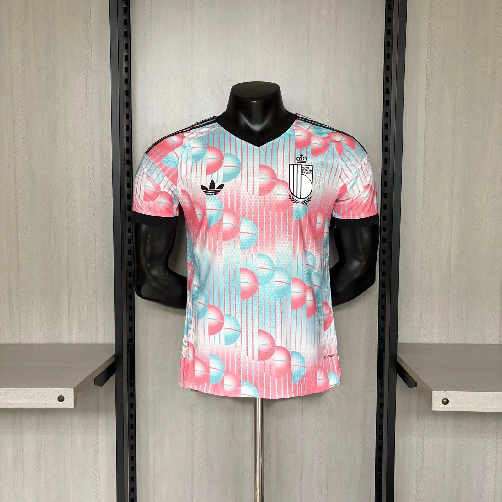 Floral-patterned sports jersey on a mannequin in a locker room setting