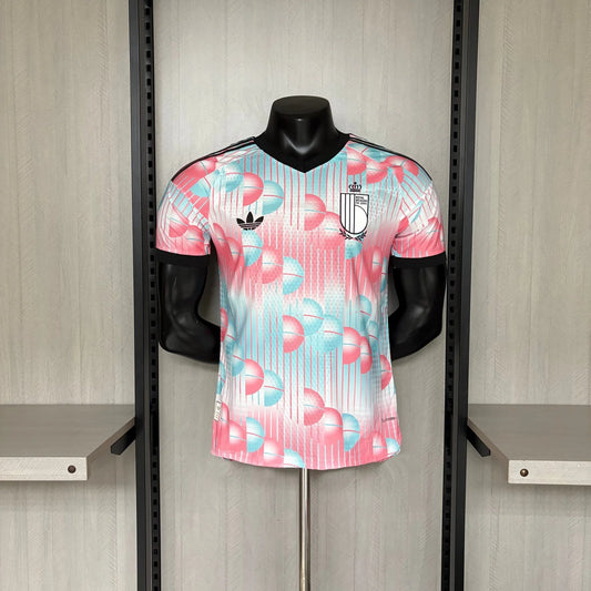 Floral-patterned sports jersey on a mannequin in a locker room setting