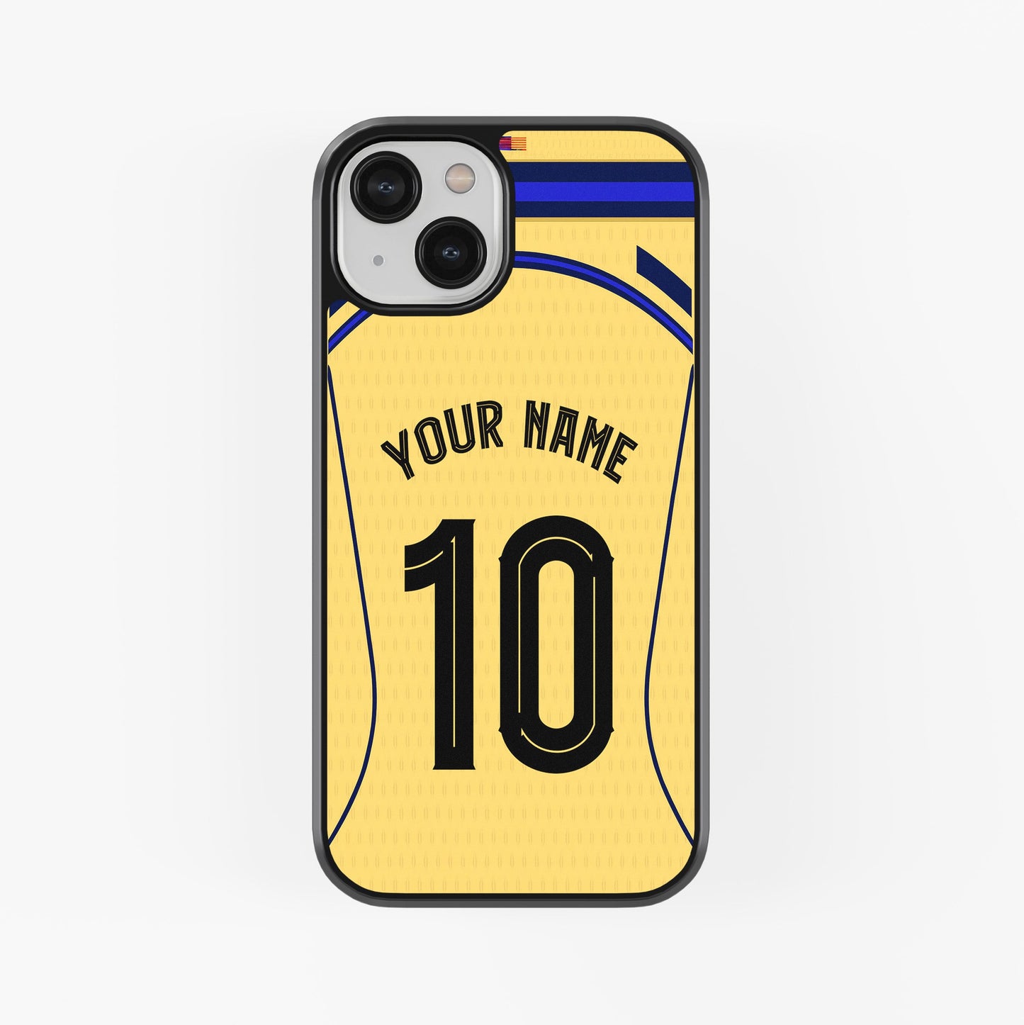 Phone case with customizable text on a white background