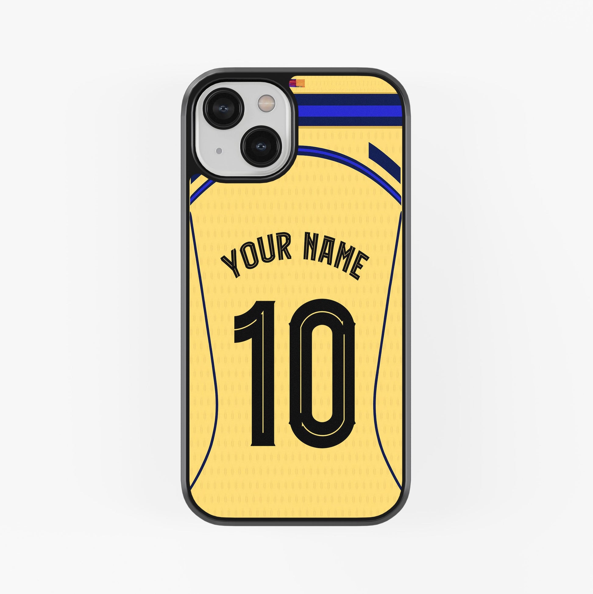 Phone case with customizable text on a white background