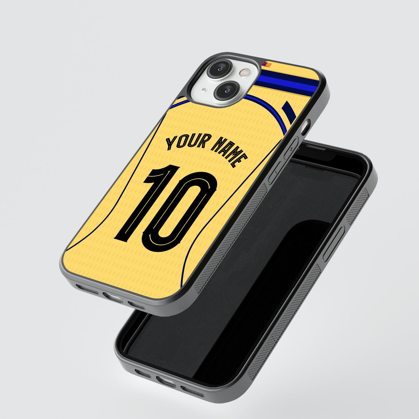 Phone case with customizable text on a light gray background