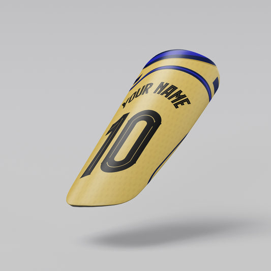 Yellow sports equipment with customizable text on a gray background