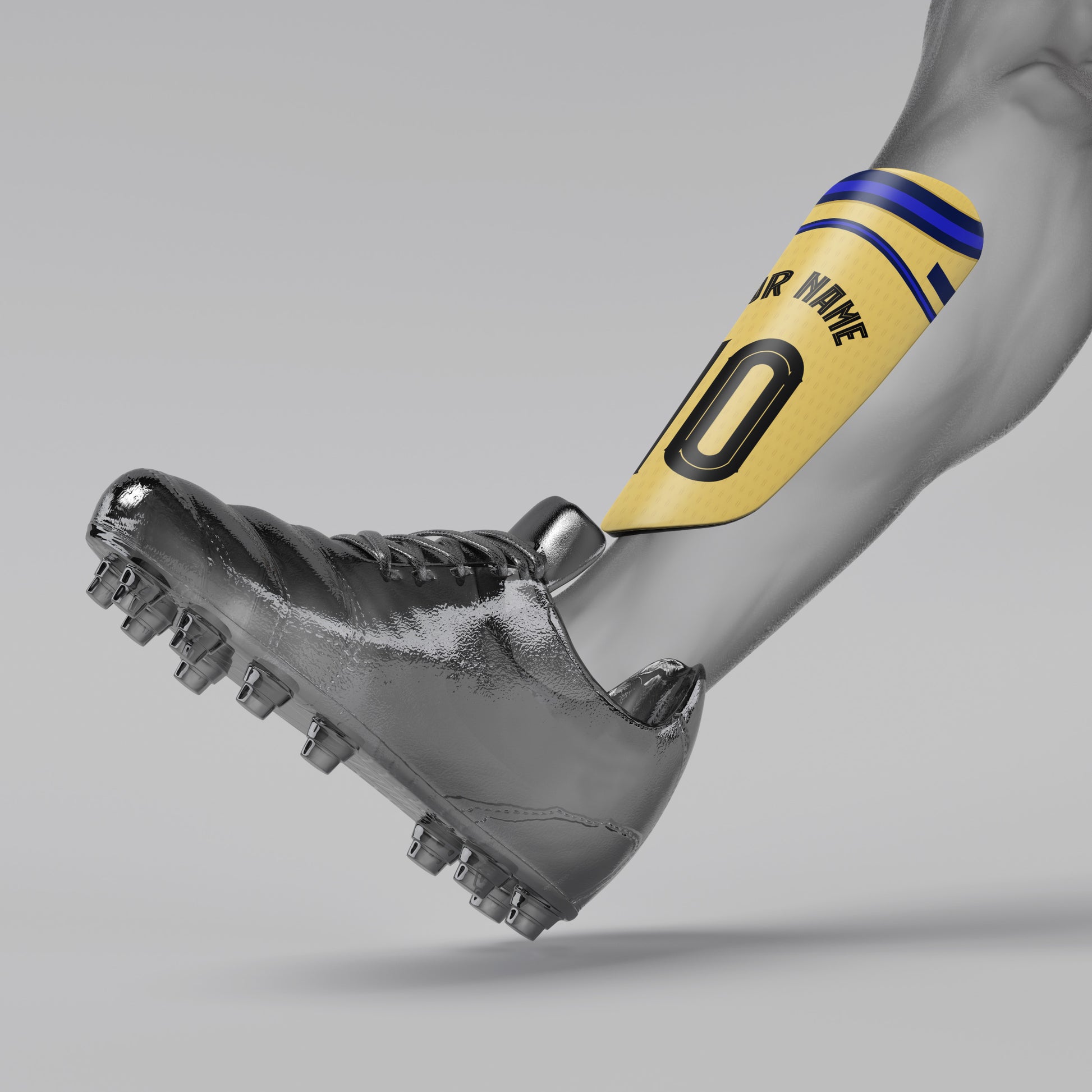 Gray soccer cleat with a yellow shin guard on a gray background