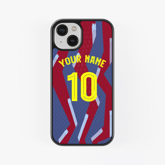 Phone case with customizable name and number on a blue background
