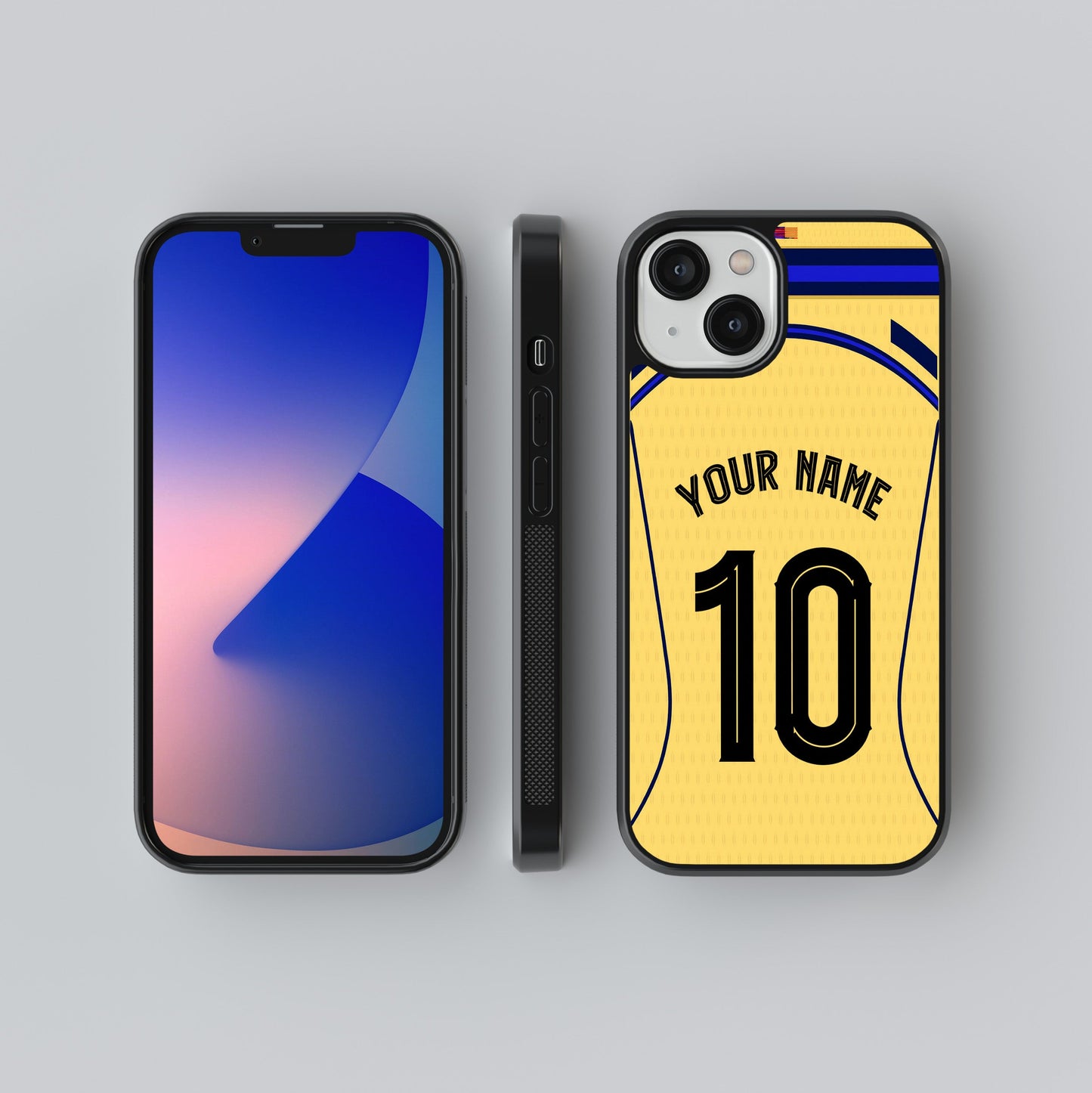 Phone case with a sports jersey design and customizable text on a gray background
