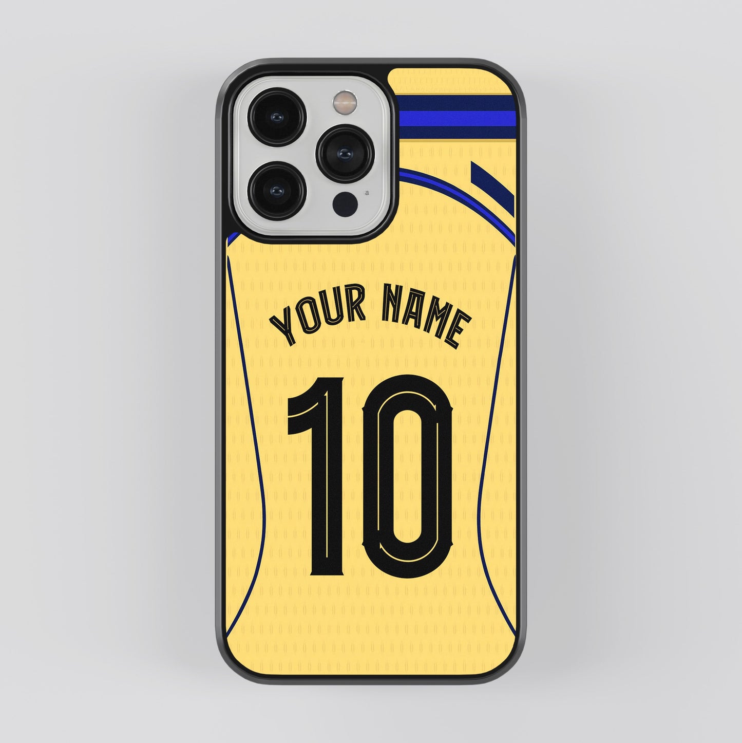 Phone case with customizable name and number on a yellow background