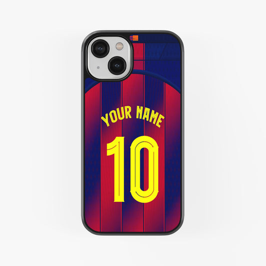 Phone case with red and blue striped design, yellow number 10, and customizable text on a white background.