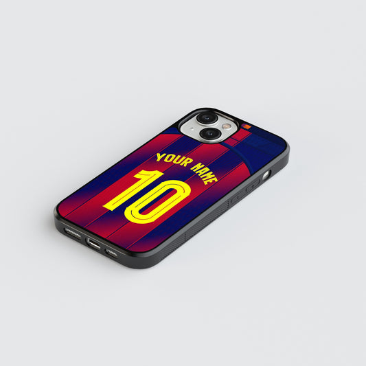 Phone case with customizable name and number on a gray background