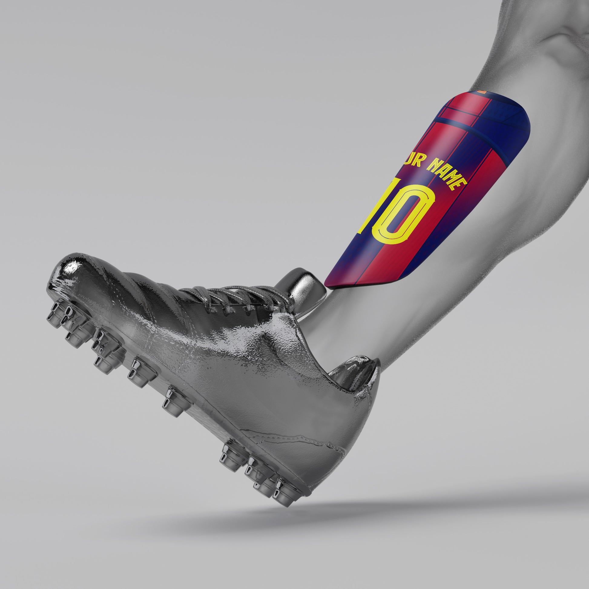 Gray soccer cleat with a colorful arm sleeve on a gray background