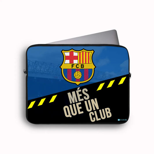Laptop sleeve with FC Barcelona logo and text on a white background