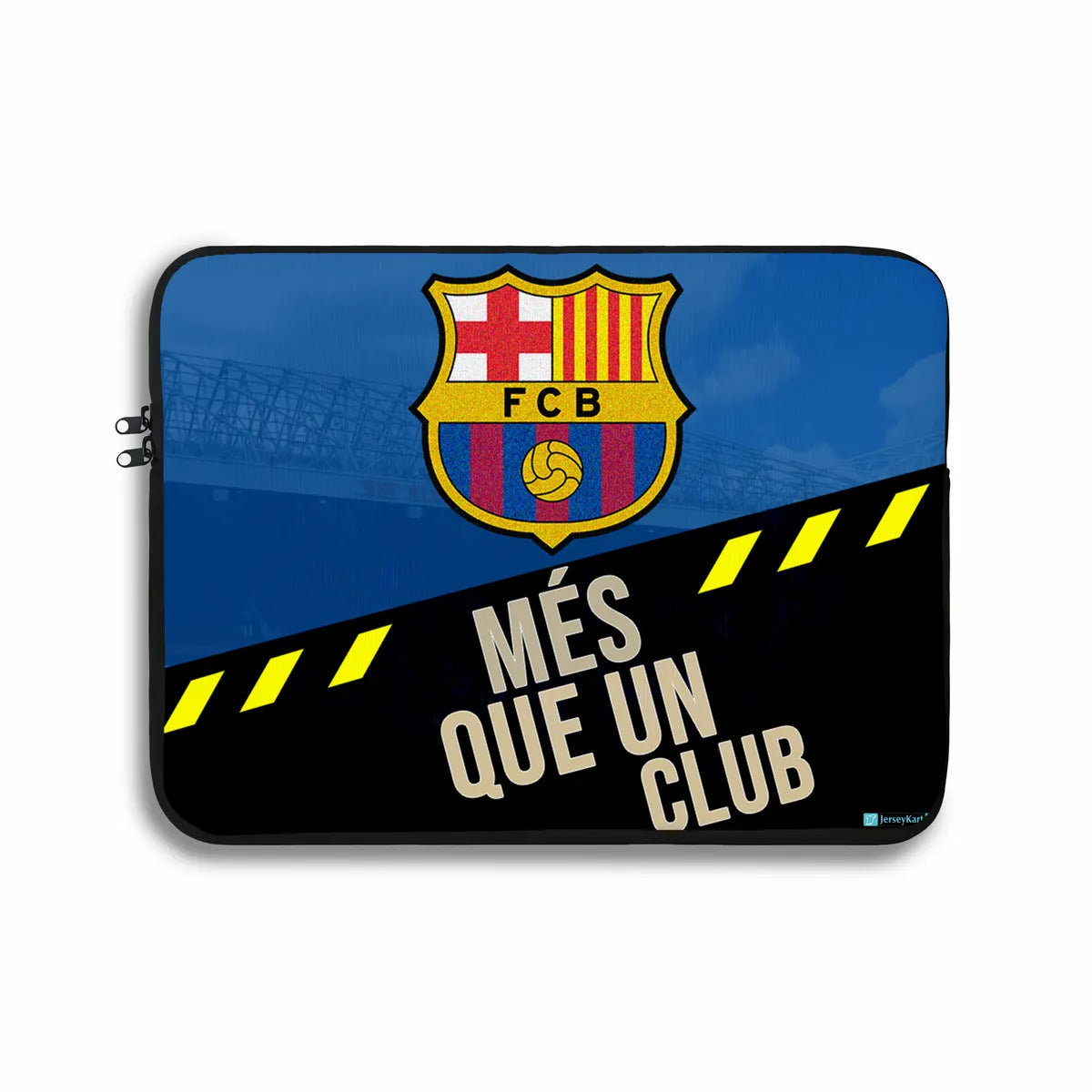 Laptop sleeve with FC Barcelona logo and text on a blue and black background