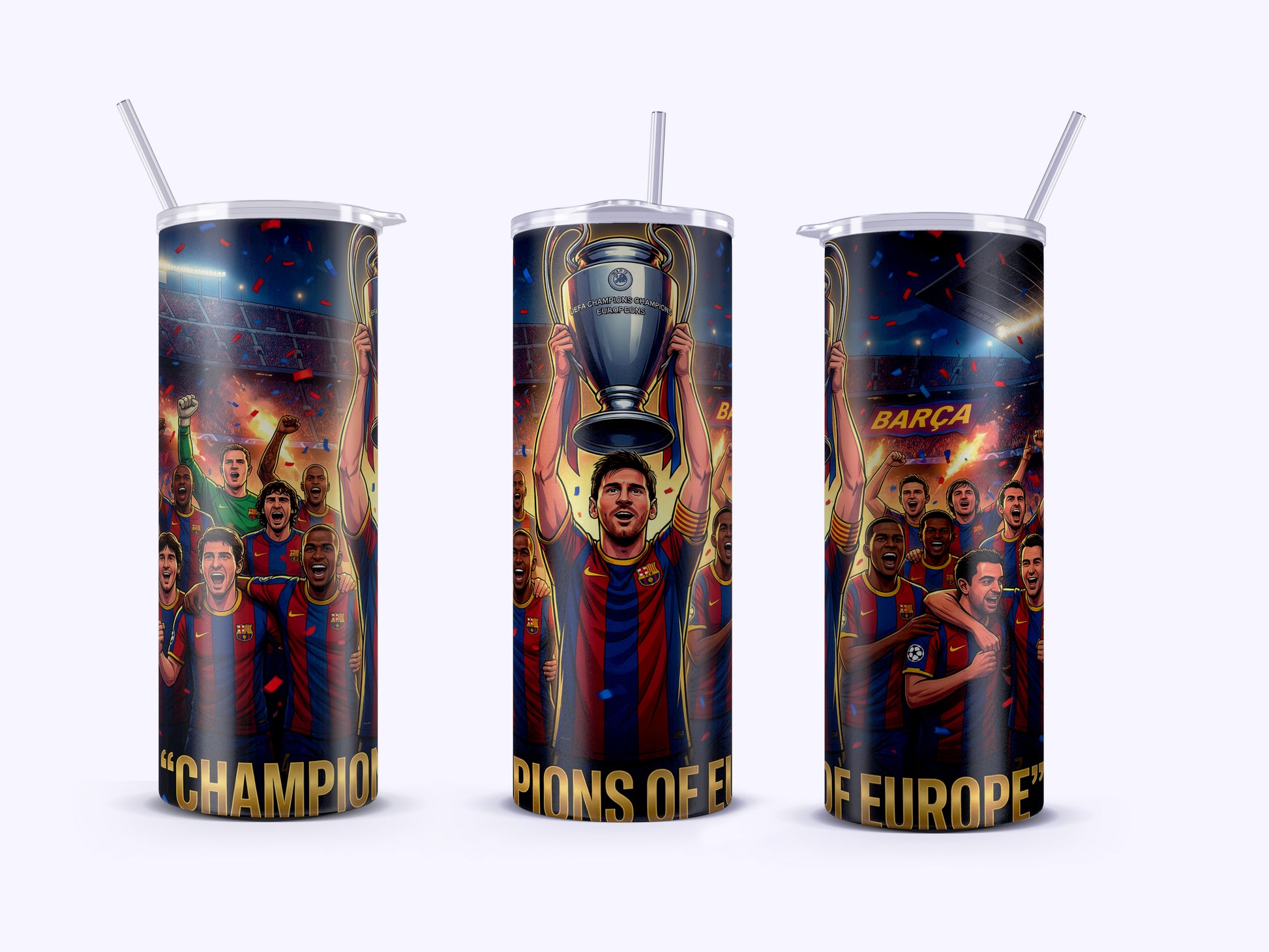 Three tumblers with sports-themed designs featuring athletes and trophies on a white background.