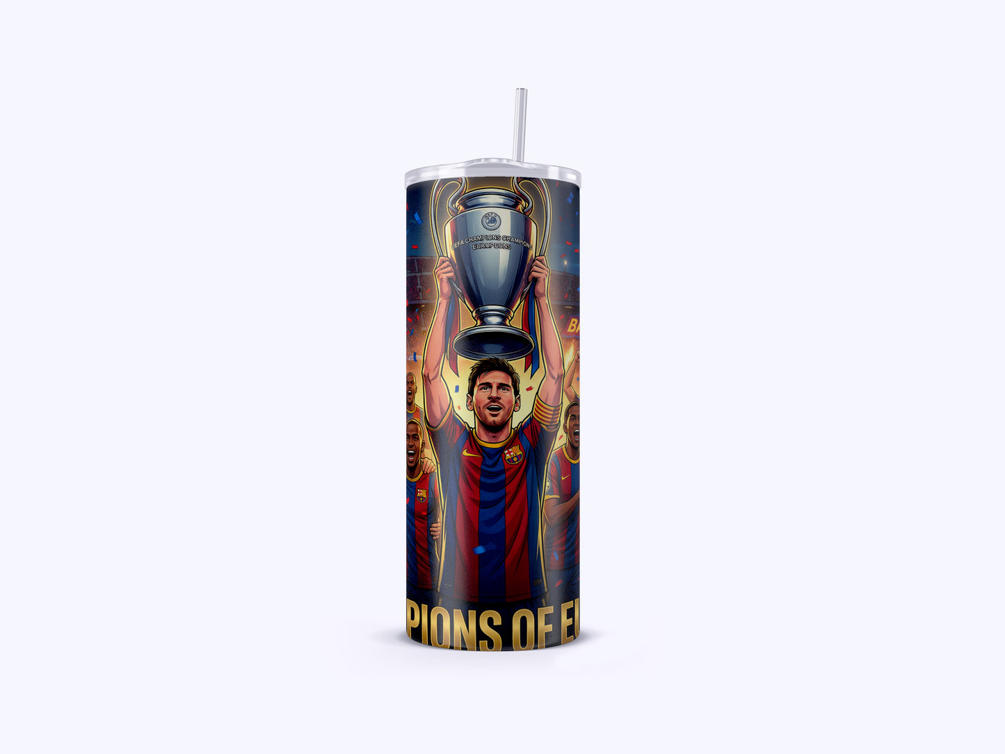 Tumbler with a soccer player holding a trophy and 'Champions' text on a white background