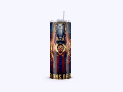 Tumbler with a soccer player holding a trophy and 'Champions' text on a white background