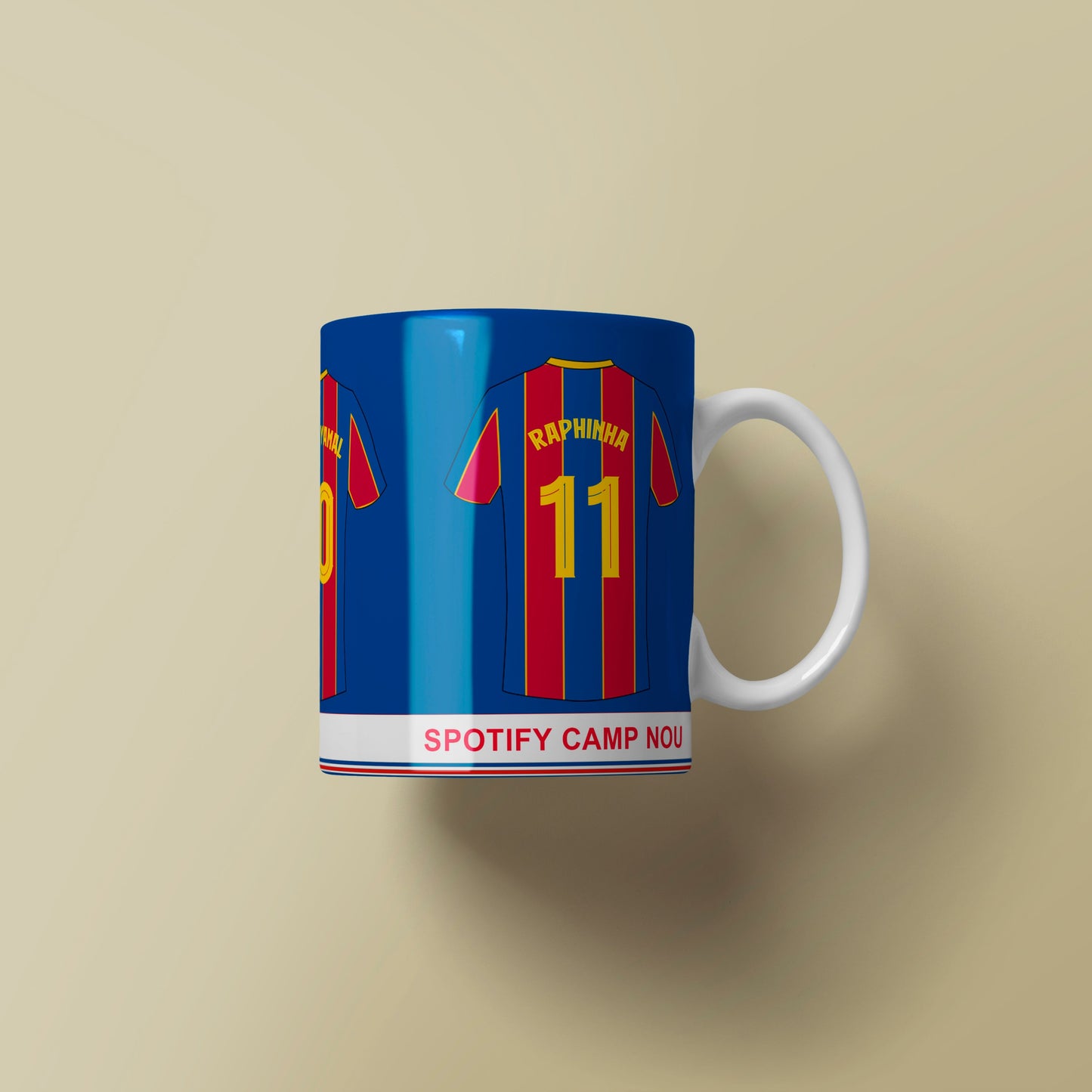 Mug with blue design featuring red and yellow elements on a beige background