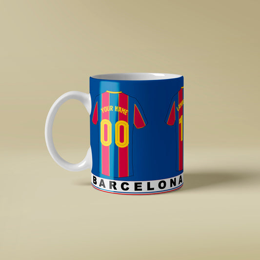 Mug with Barcelona football club colors and branding on a beige background