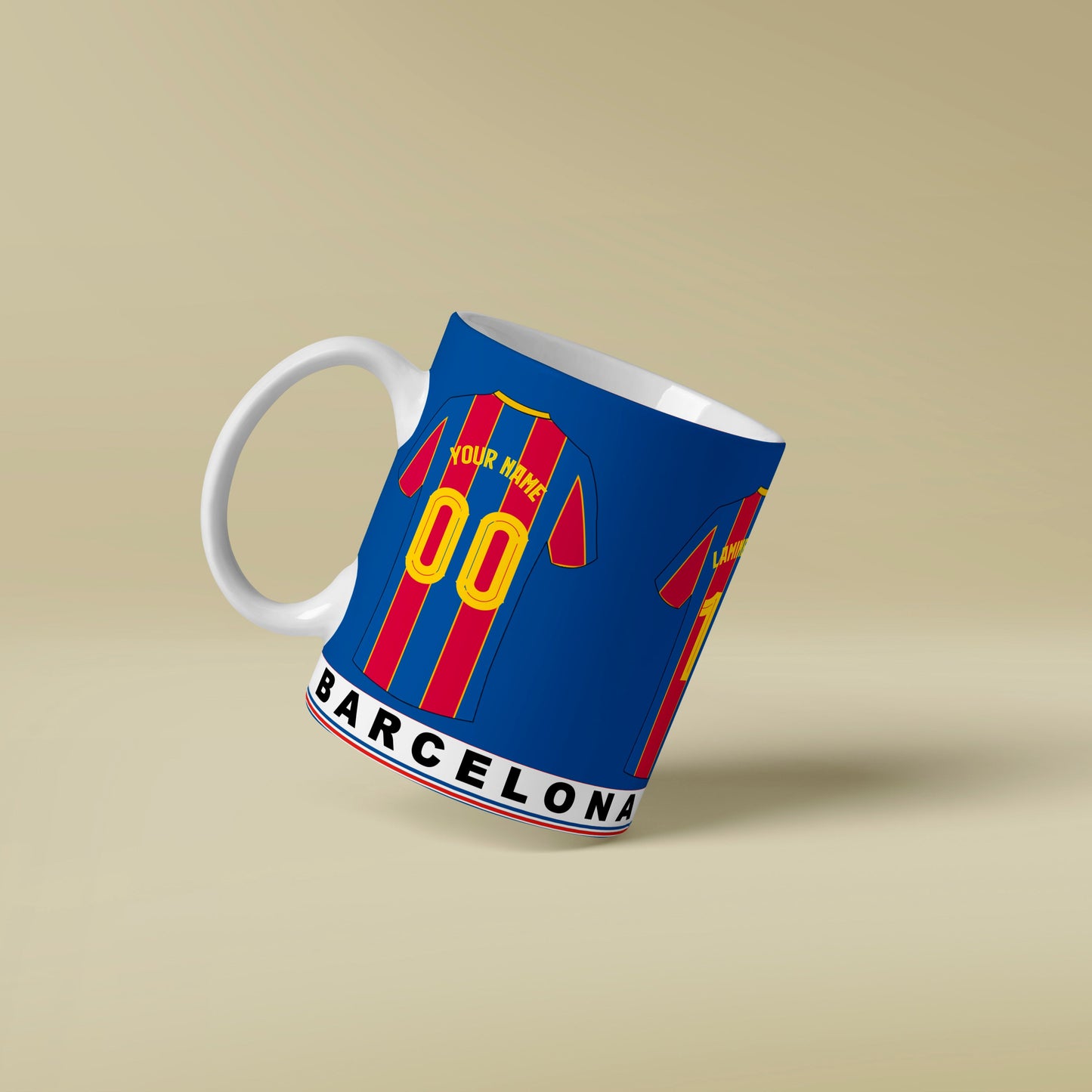 Mug with Barcelona football club design on a beige background