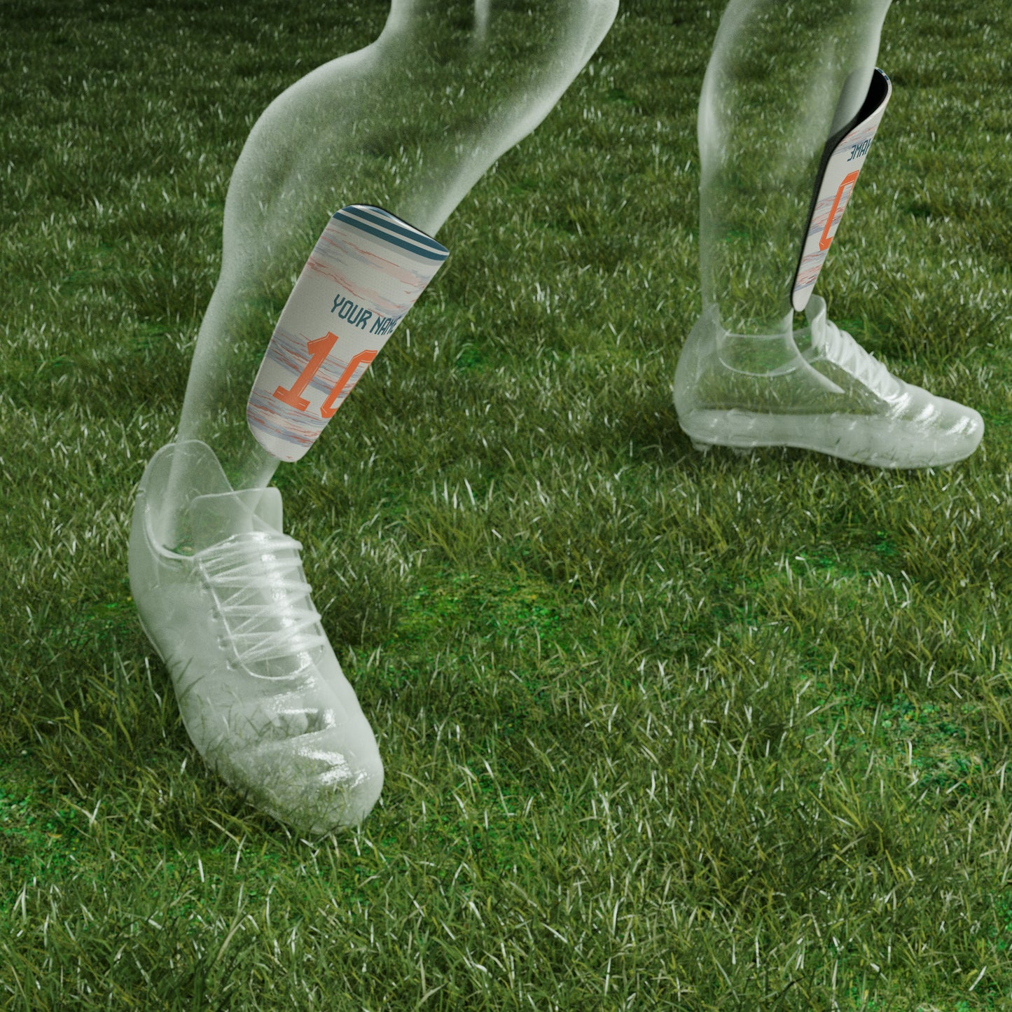 Clear plastic shoes on grass with personalized labels.