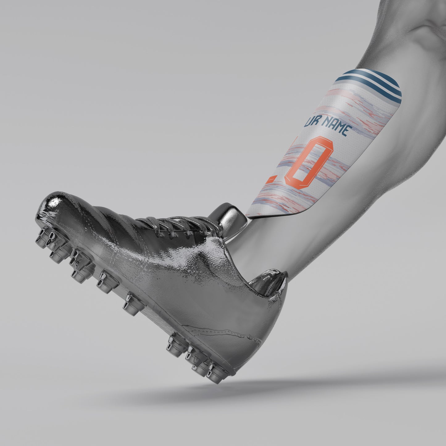 Silver cleated shoe with a leg wearing a striped sock on a gray background