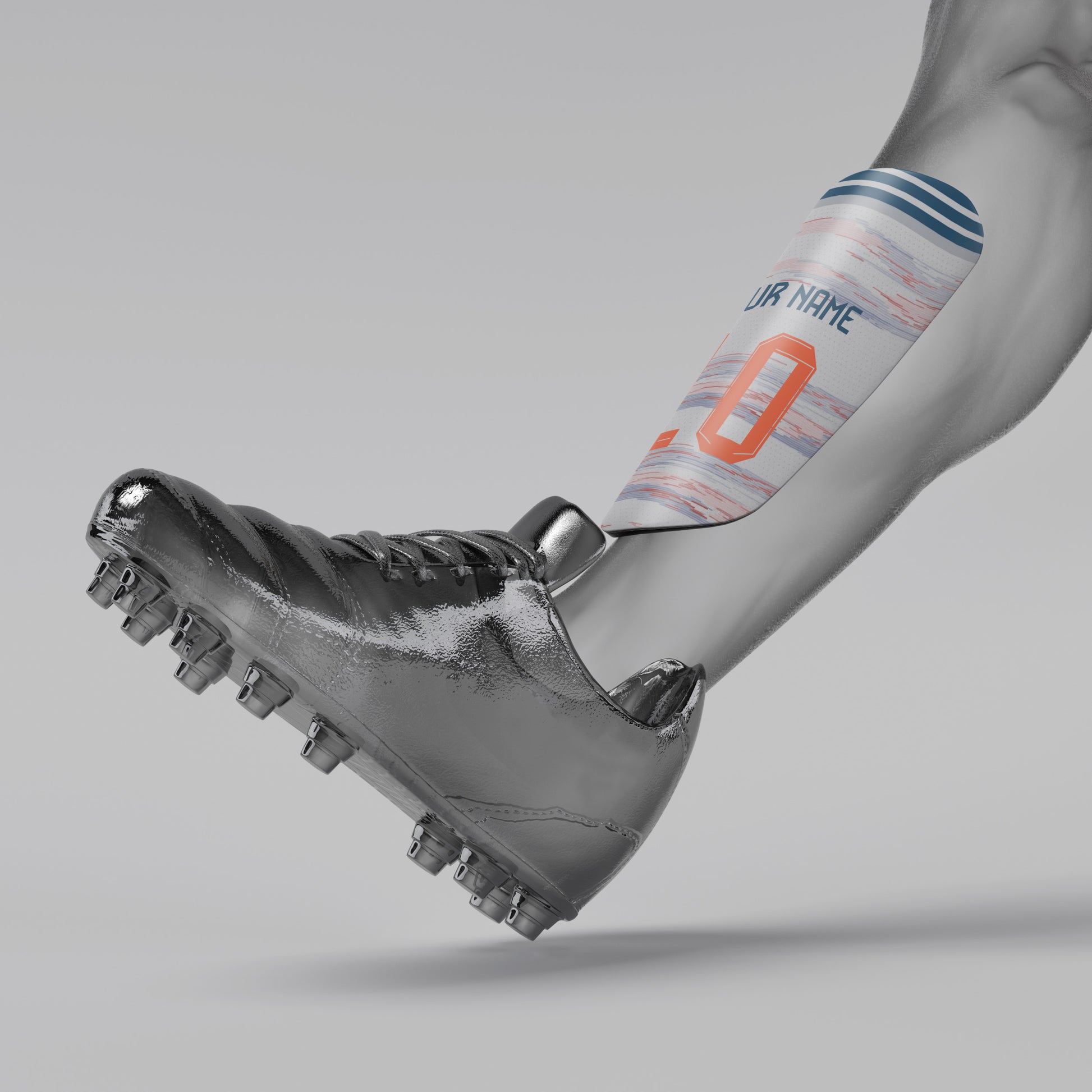 Silver cleated shoe with a leg wearing a striped sock on a gray background