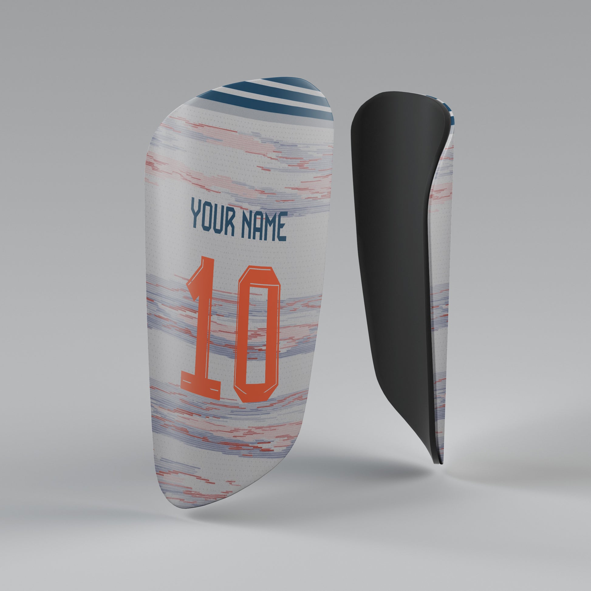 Customizable sports equipment with 'Your Name' and number '10' on a gray background