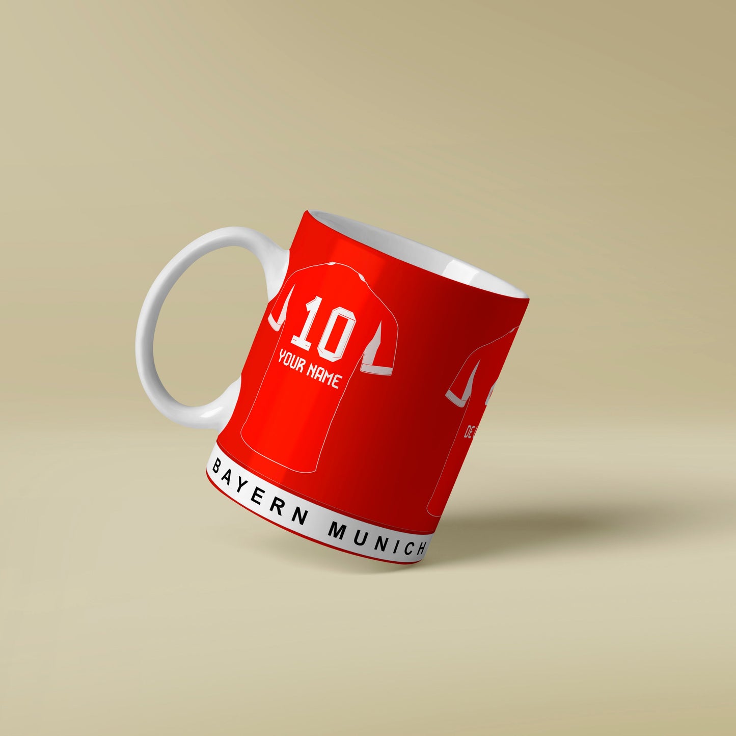 Red mug with white text on a beige background