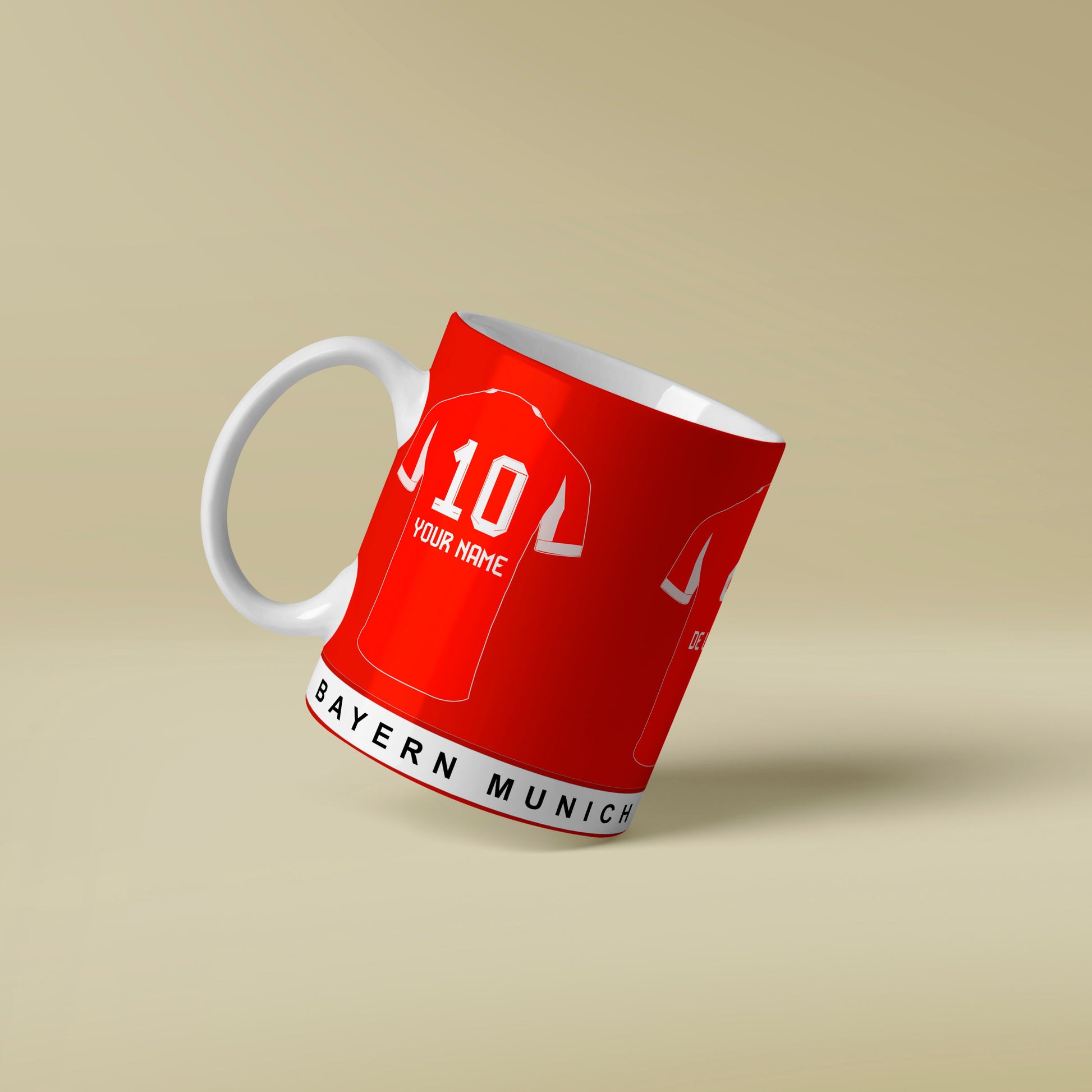 Red mug with white text on a beige background