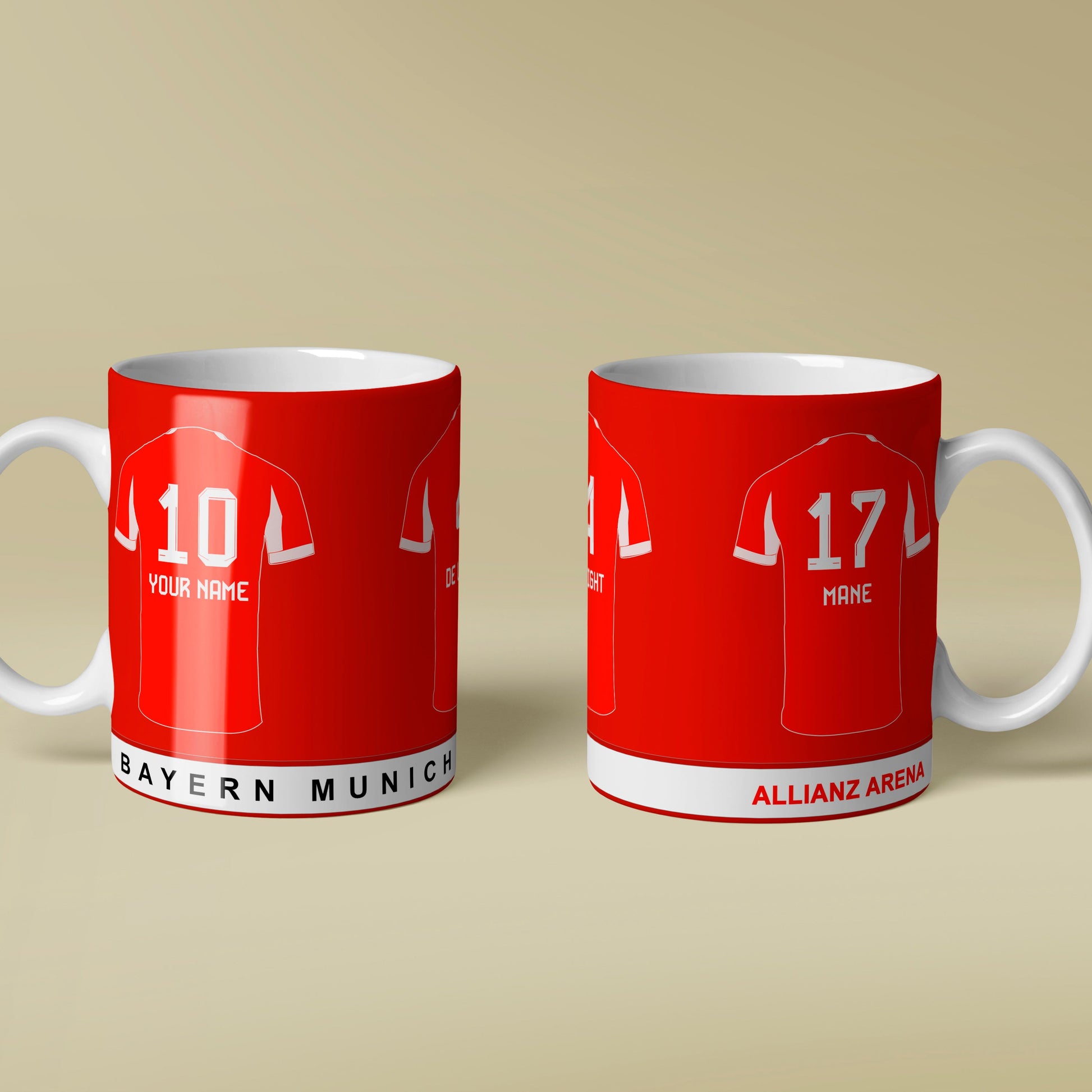 Two red mugs with white text and graphics on a beige background