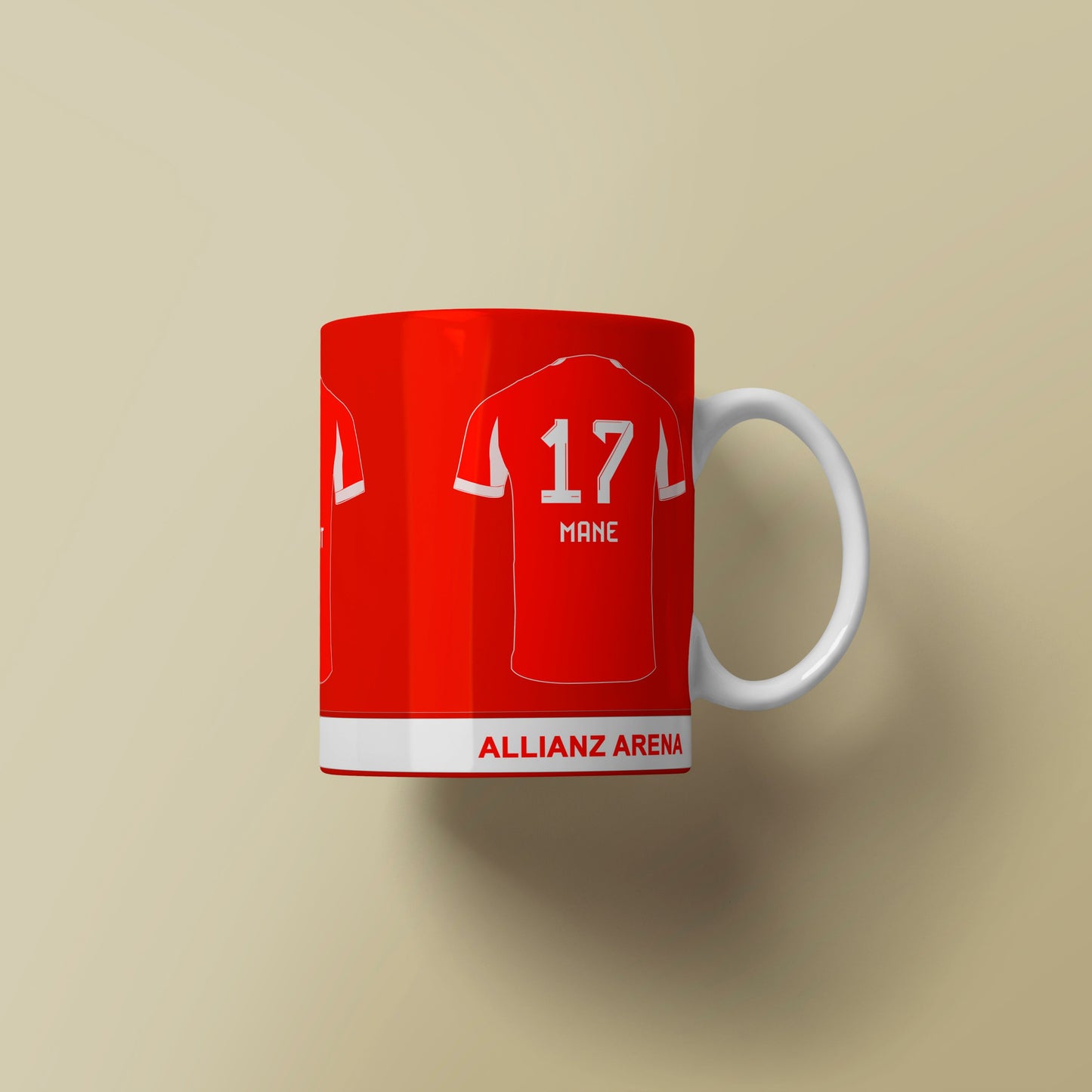 Red mug with soccer jersey design on a beige background