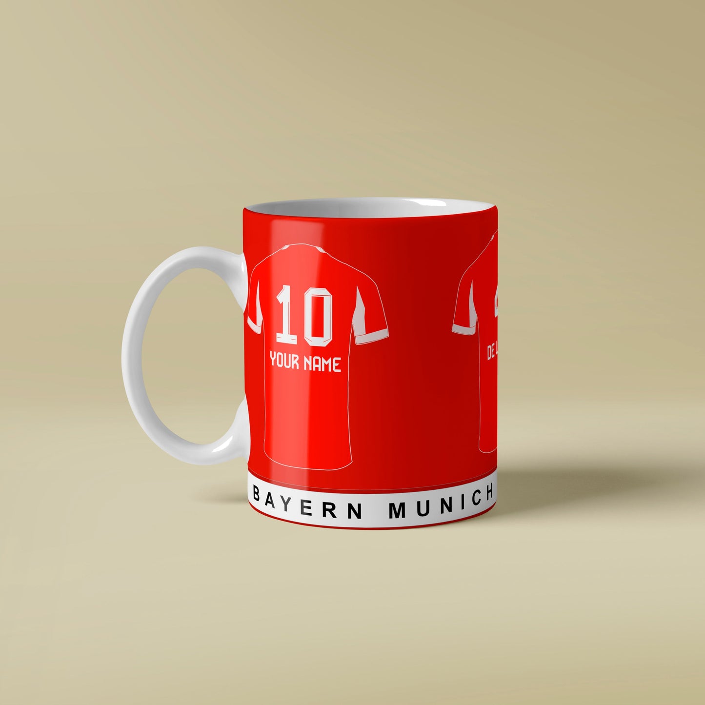 Red mug with Bayern Munich soccer jersey design on a beige background