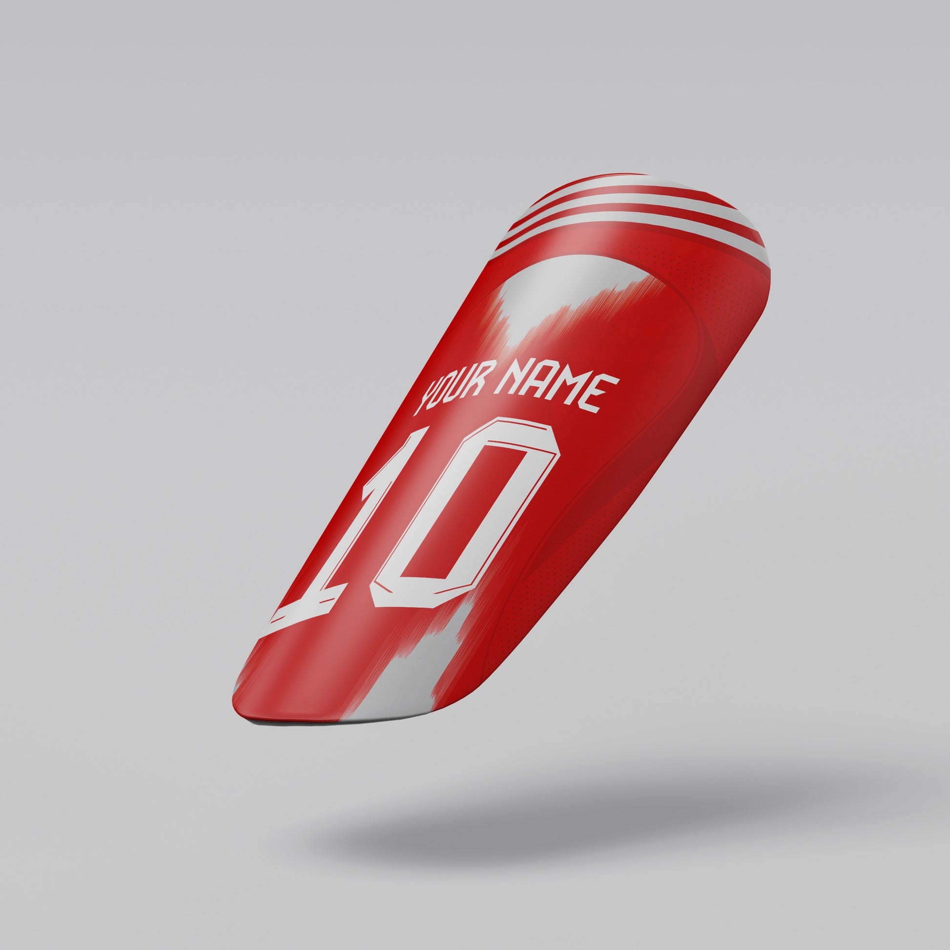 Red and white sports equipment with customizable text on a gray background