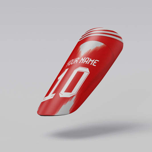 Red and white sports equipment with customizable text on a gray background