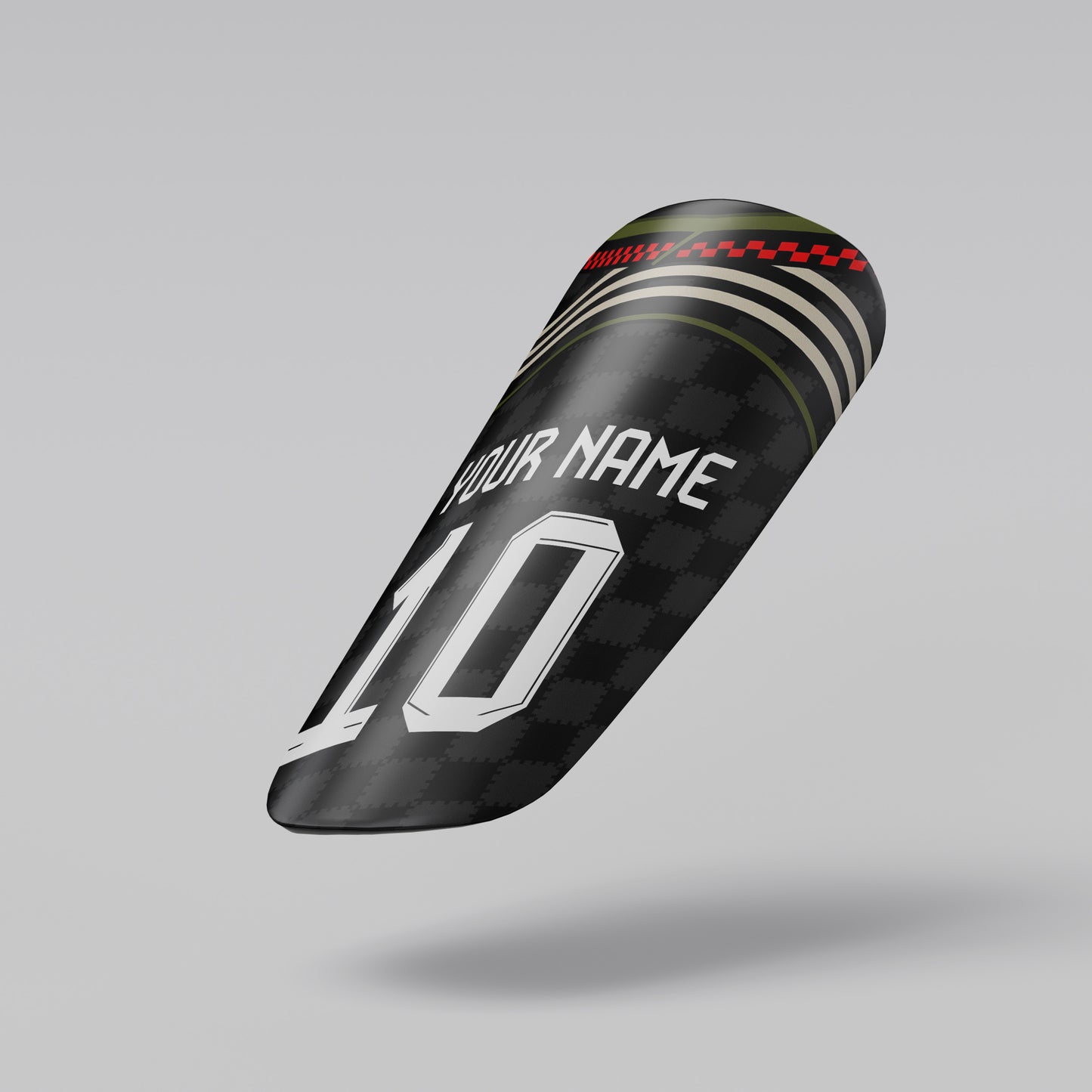 Black motorcycle seat cover with customizable text on a gray background