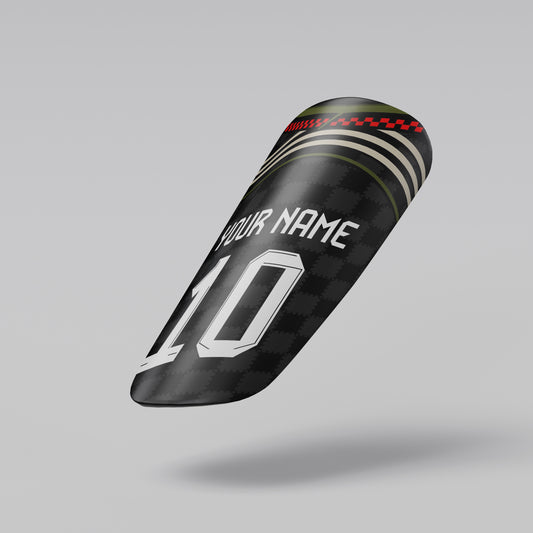 Black motorcycle seat cover with customizable text on a gray background