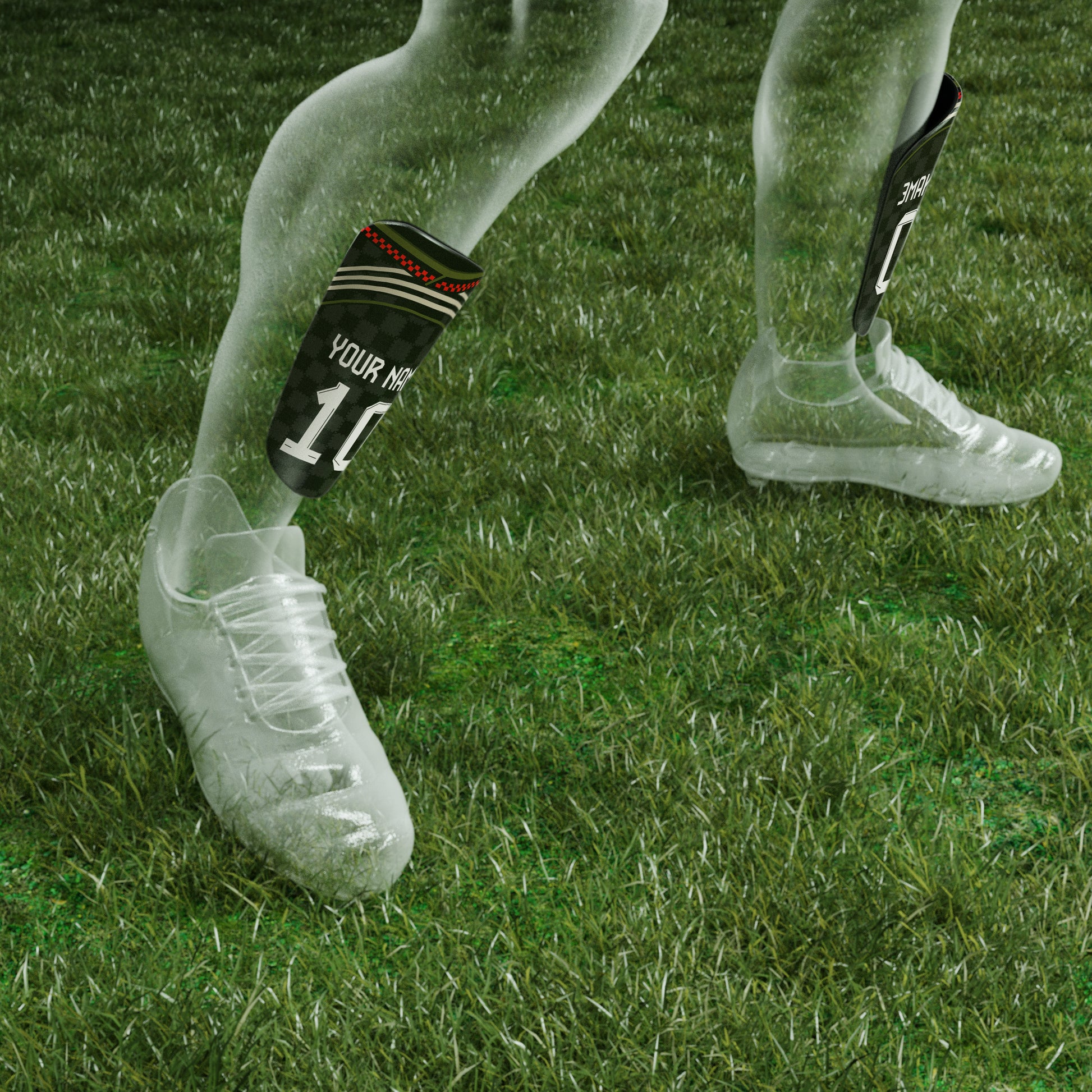 Soccer player's feet wearing cleats and socks on grass
