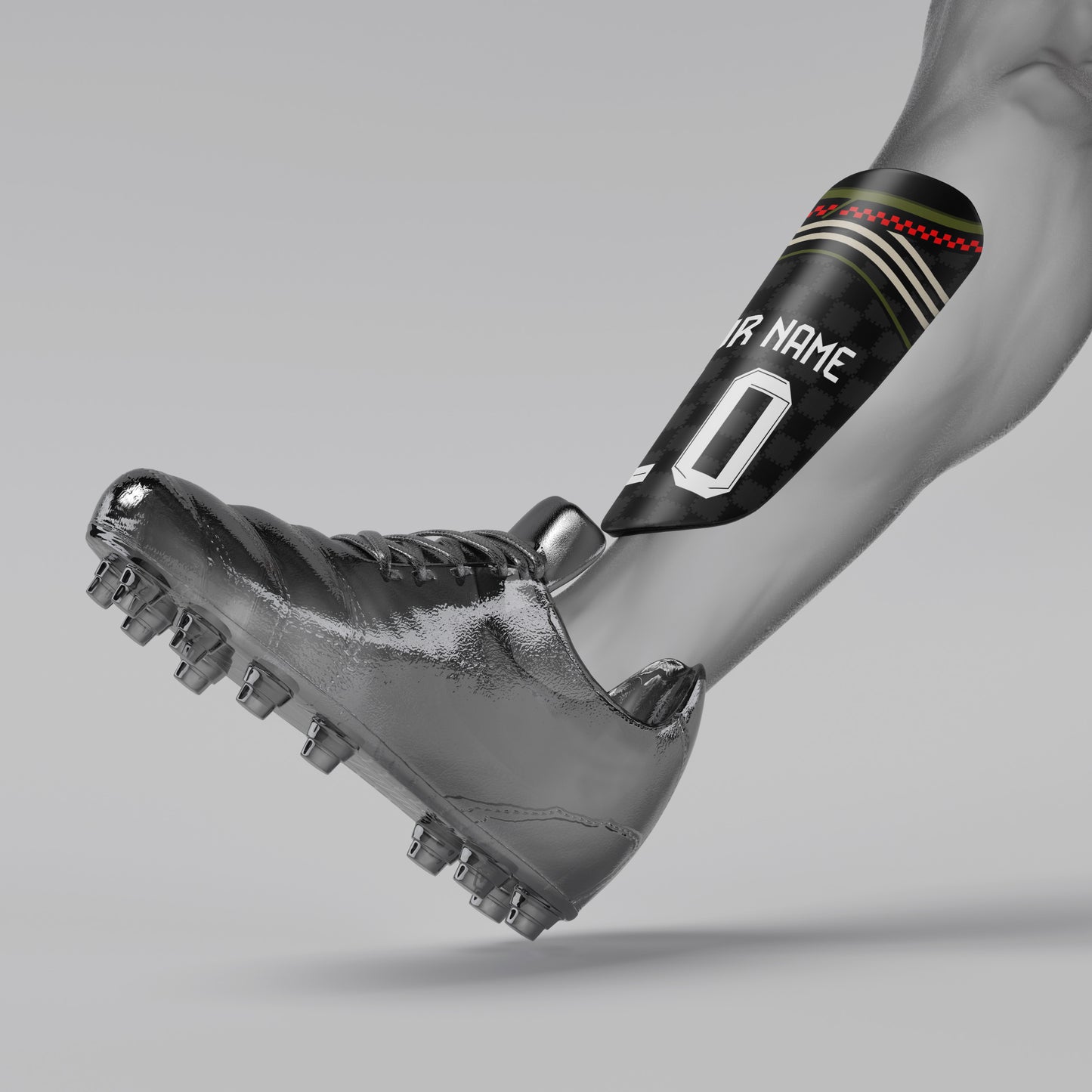 Soccer cleat with a shin guard on a gray background